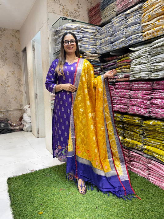 Pure Kota Doria Purple Banarasi 3pc Set