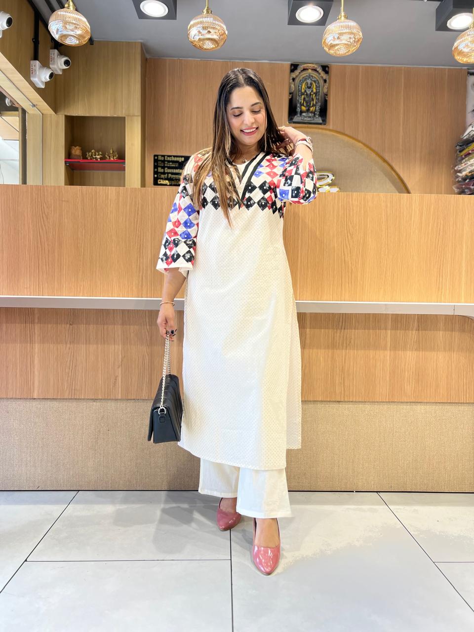 Pure Cotton Off White And Blue 2pc Set