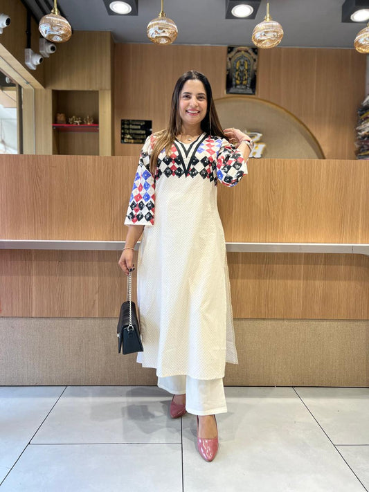 Pure Cotton Off White And Blue 2pc Set