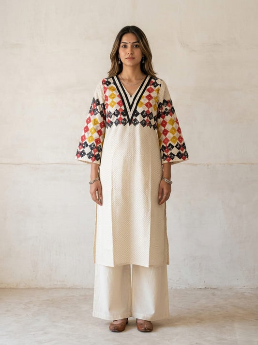 Pure Cotton Off White And Yellow 2pc Set