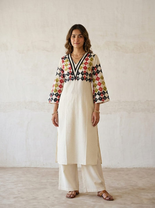 Pure Cotton Off White And Green 2pc Set