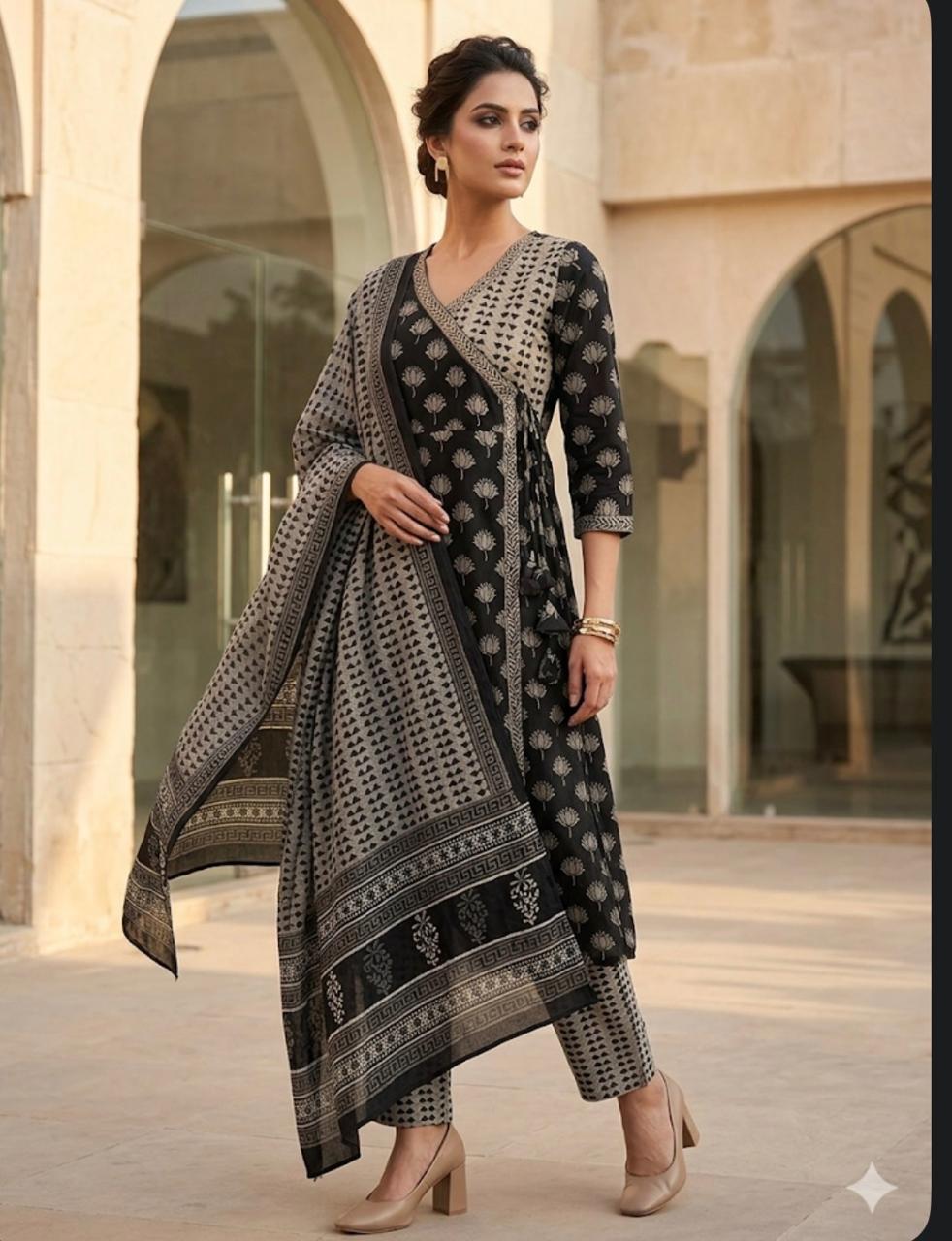 Pure Cotton Black Angrakha 3pc Set