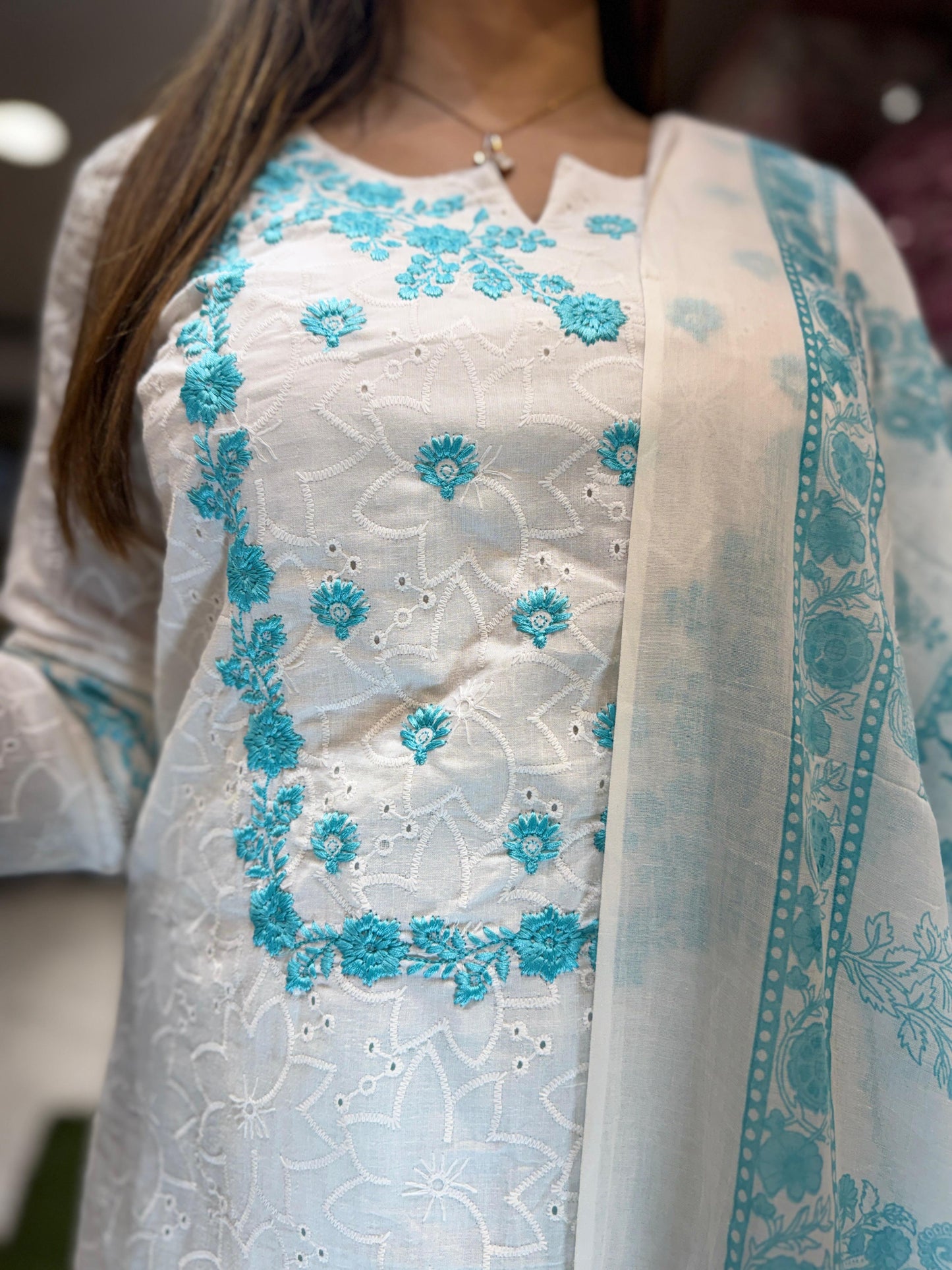 Pure Cotton Off White And Aqua Blue 3pc Set