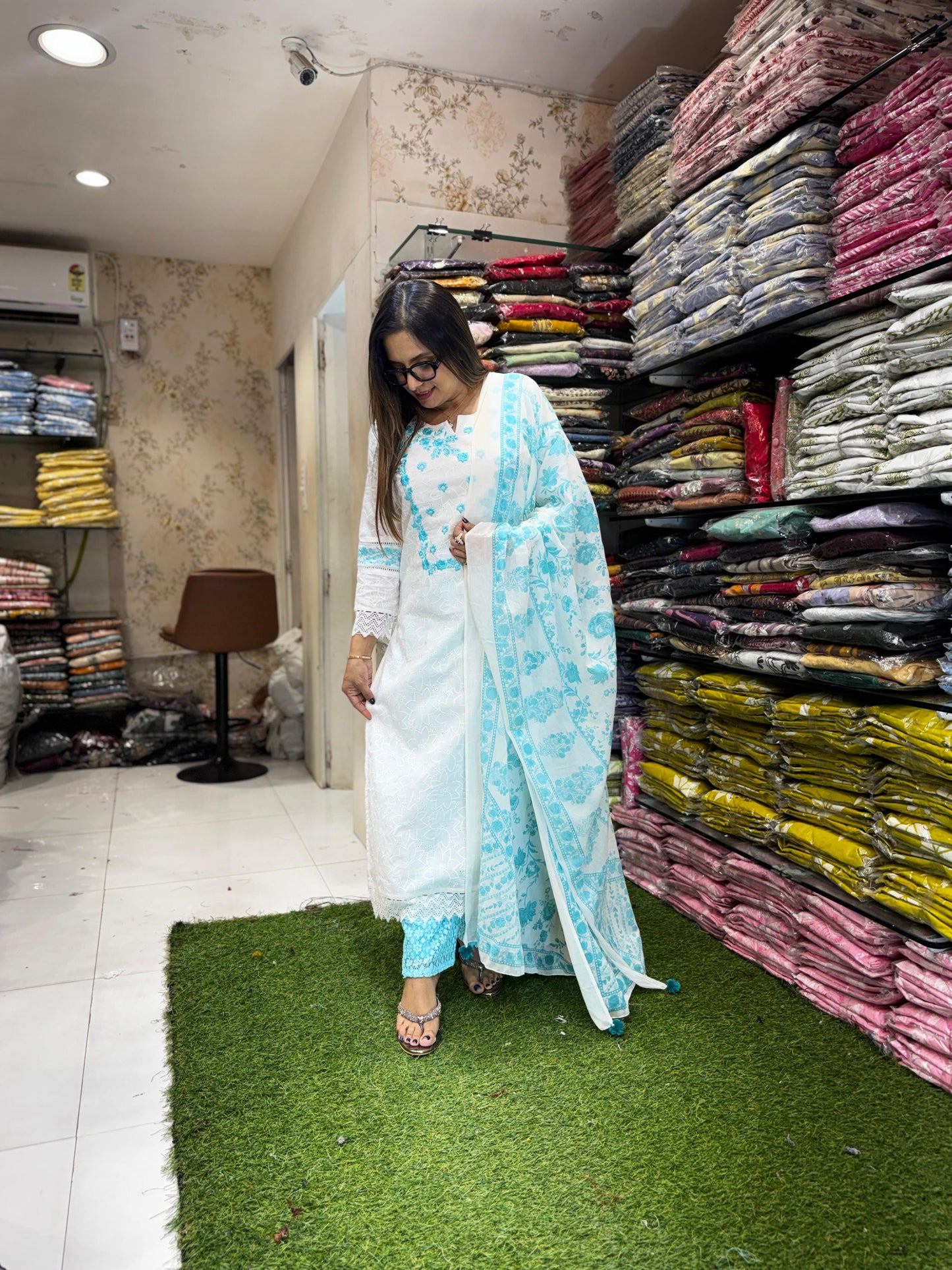 Pure Cotton Off White And Aqua Blue 3pc Set