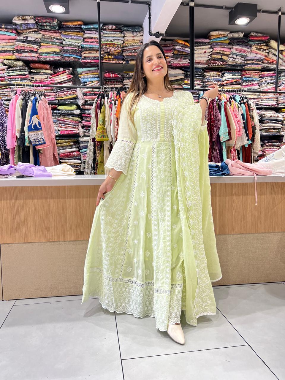 Pure Mull Cotton Pista Green Anarkali 3pc Set