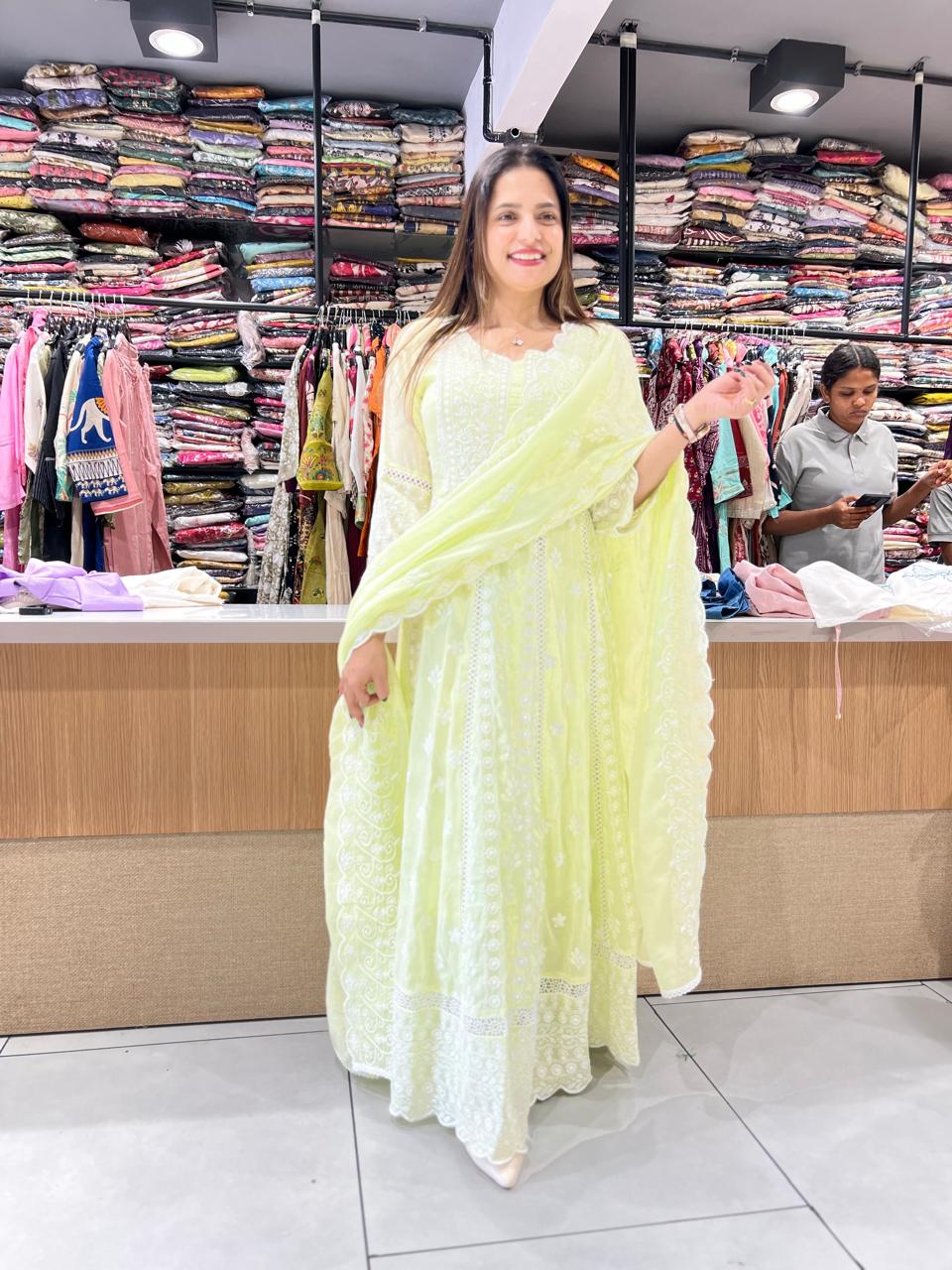 Pure Mull Cotton Pista Green Anarkali 3pc Set