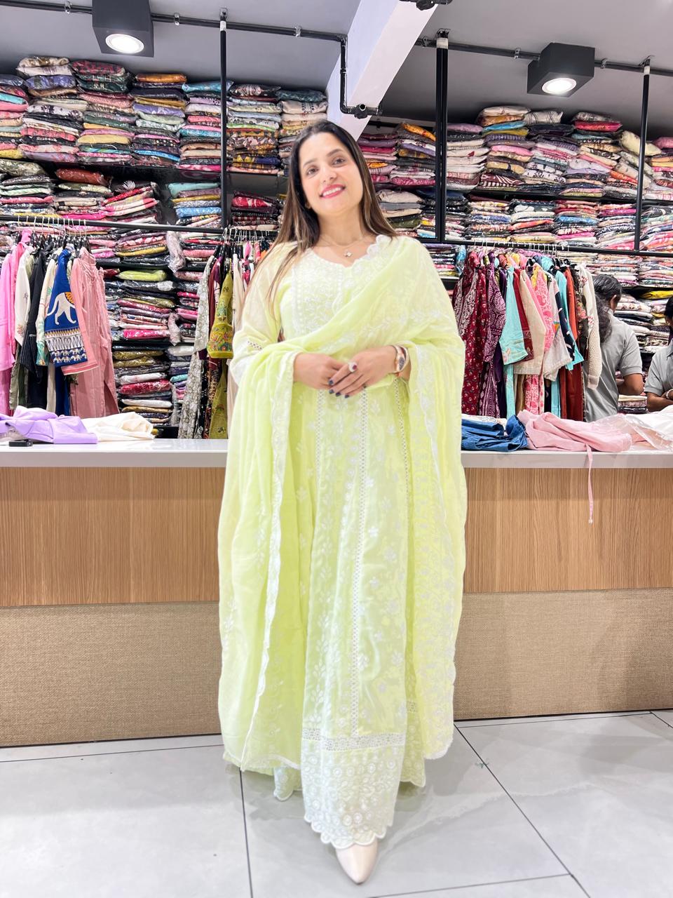 Pure Mull Cotton Pista Green Anarkali 3pc Set