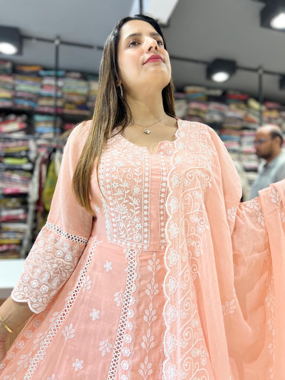 Pure Mull Cotton Peach Anarkali 3pc Set