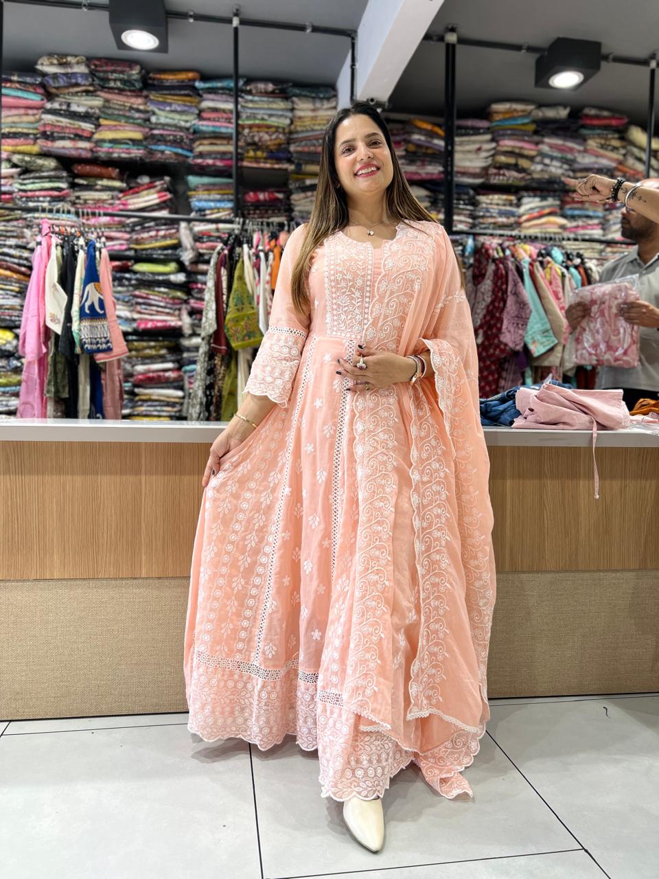 Pure Mull Cotton Peach Anarkali 3pc Set
