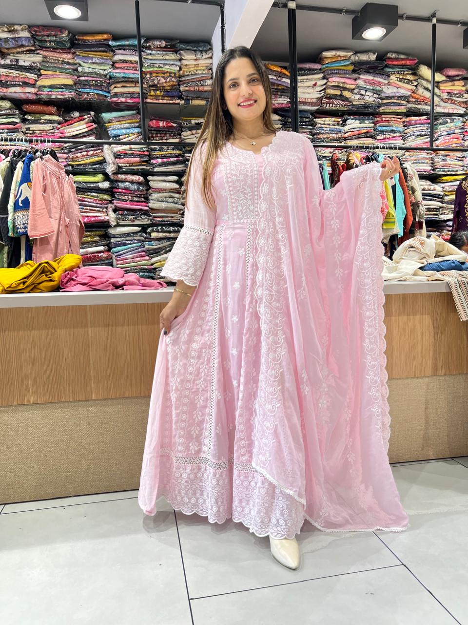 Pure Mull Cotton Pink Anarkali 3pc Set
