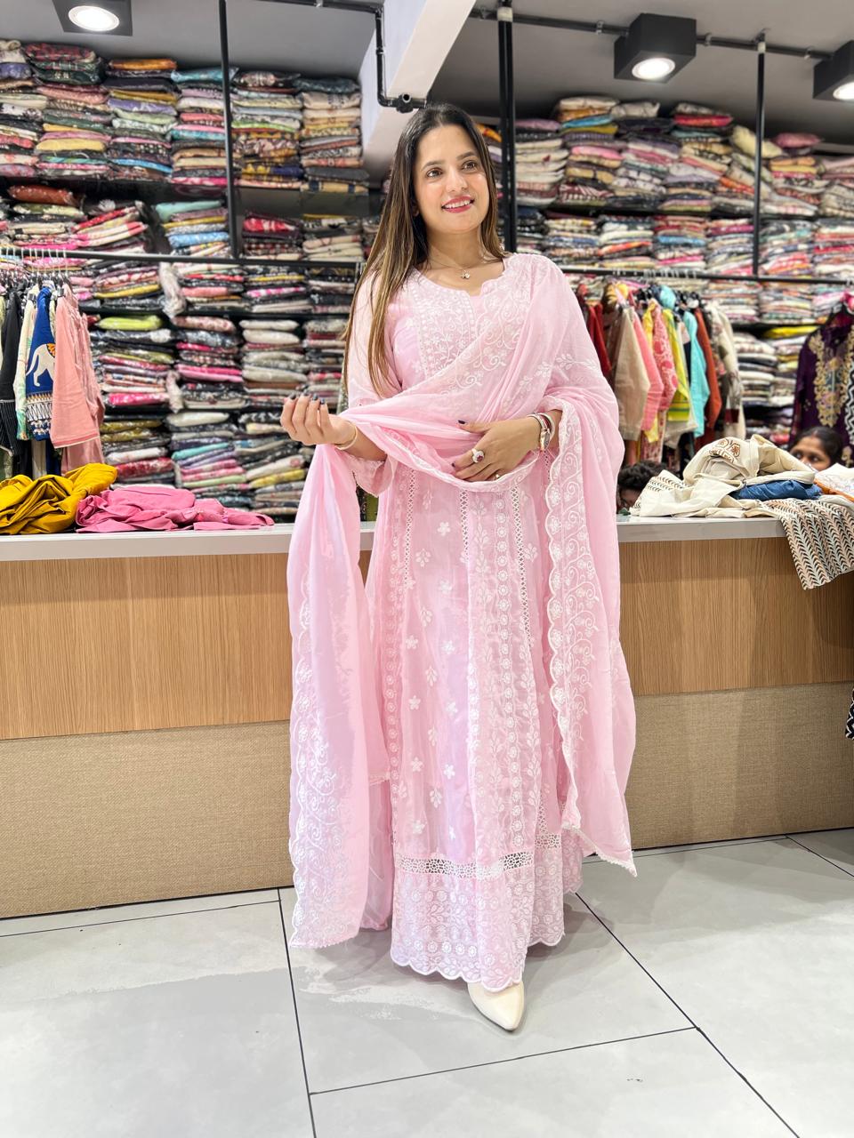 Pure Mull Cotton Pink Anarkali 3pc Set