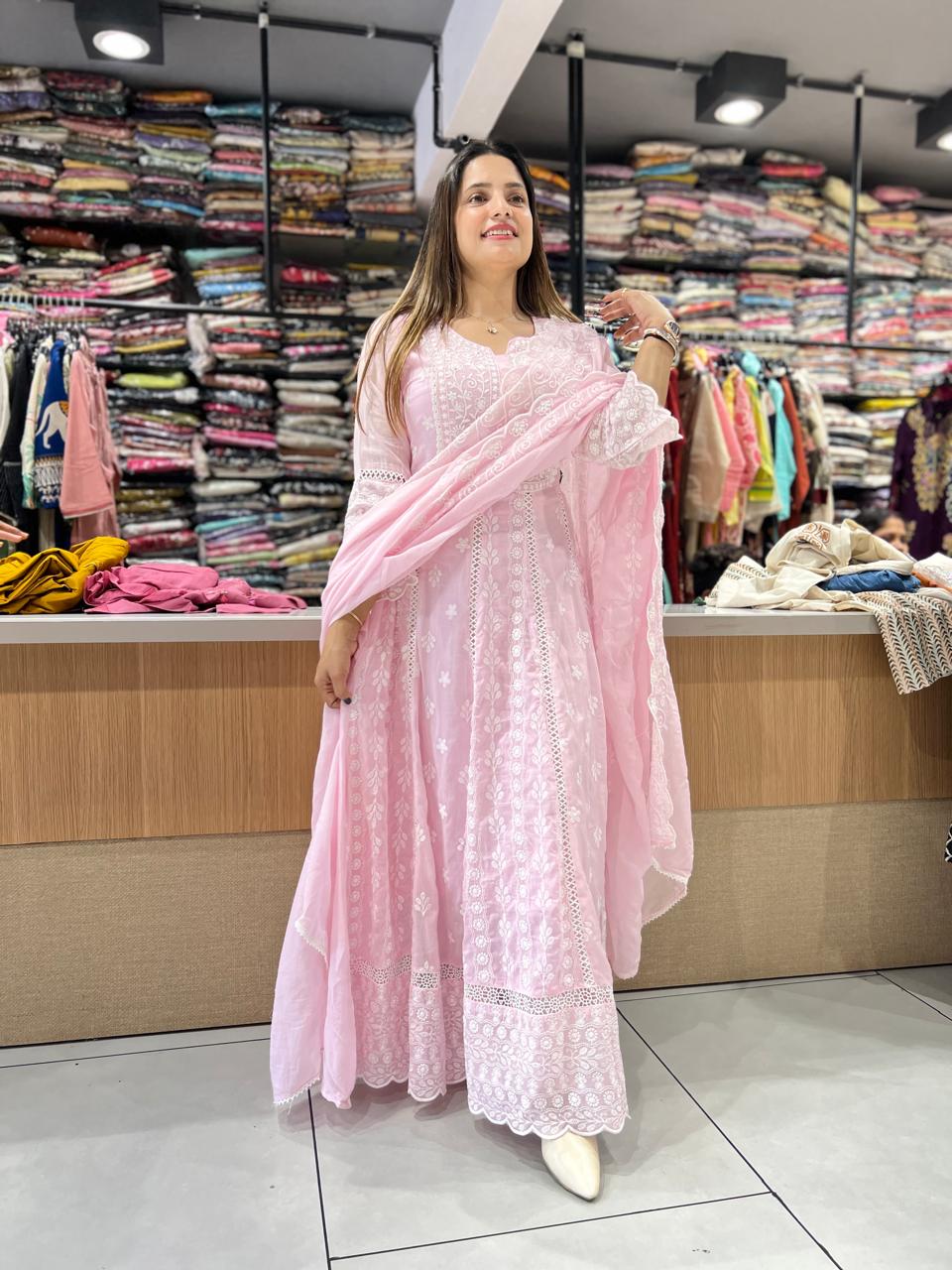 Pure Mull Cotton Pink Anarkali 3pc Set