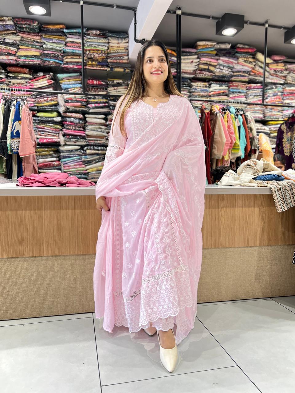 Pure Mull Cotton Pink Anarkali 3pc Set