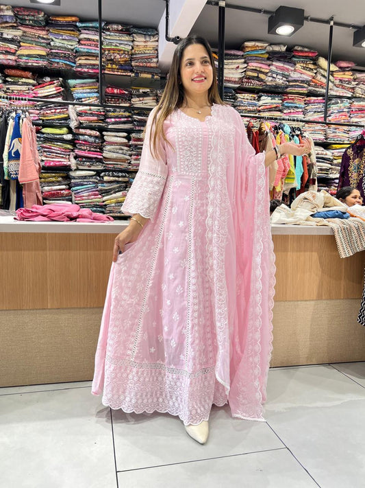 Pure Mull Cotton Pink Anarkali 3pc Set