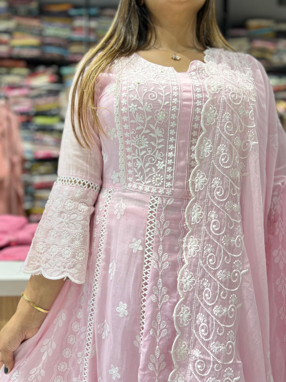 Pure Mull Cotton Pink Anarkali 3pc Set