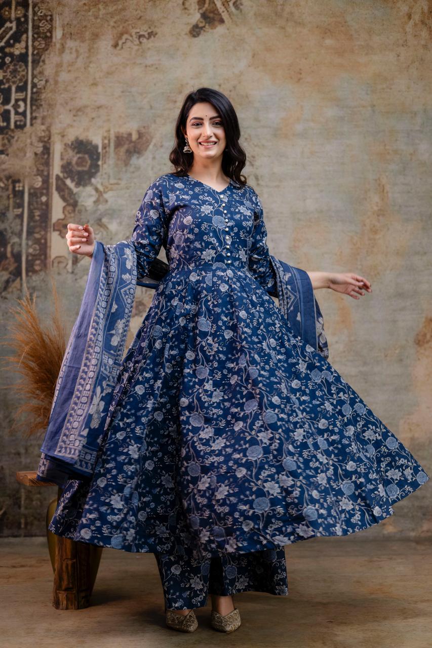 Pure Cotton Blue 24kali Anarkali 3pc Set