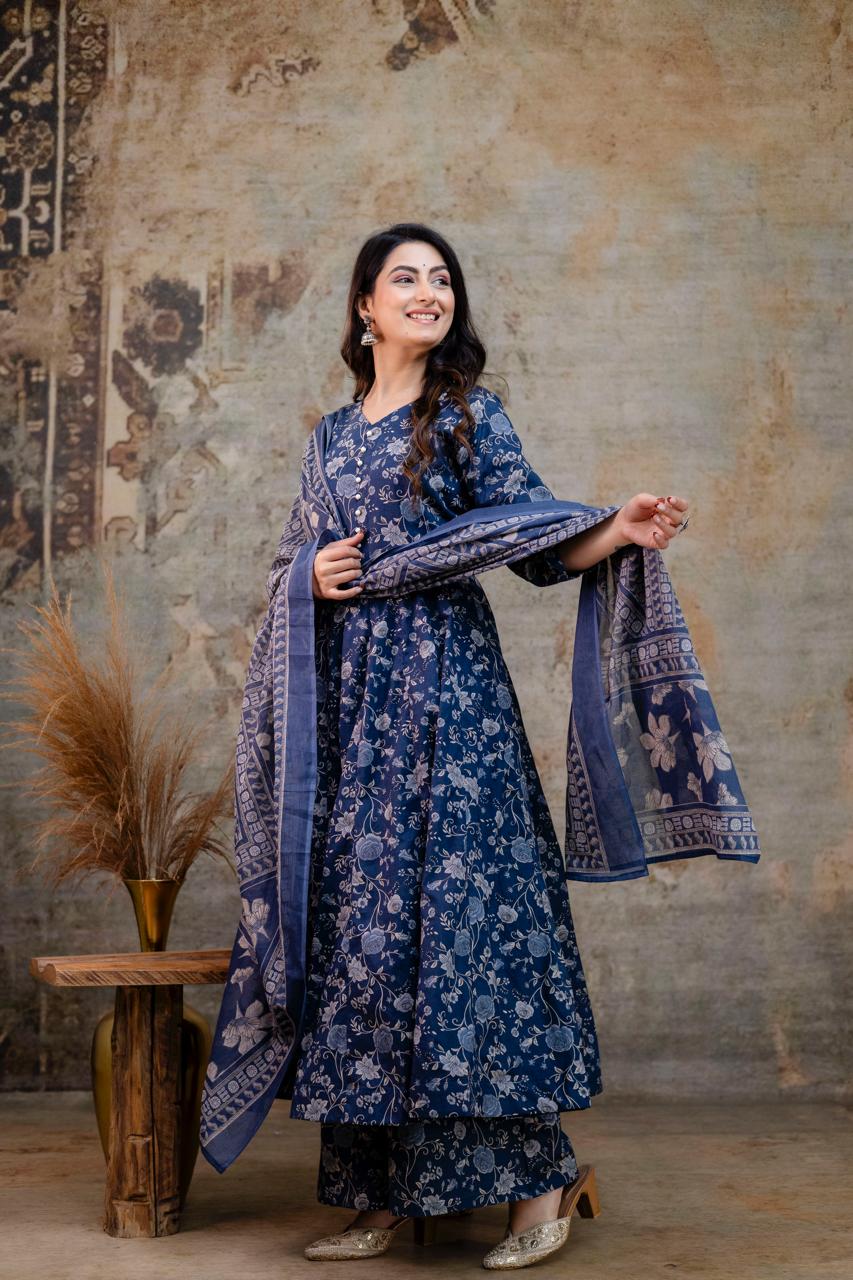 Pure Cotton Blue 24kali Anarkali 3pc Set