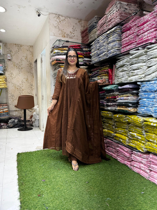 Pure Cotton Mull Chanderi Brown 3pc Set