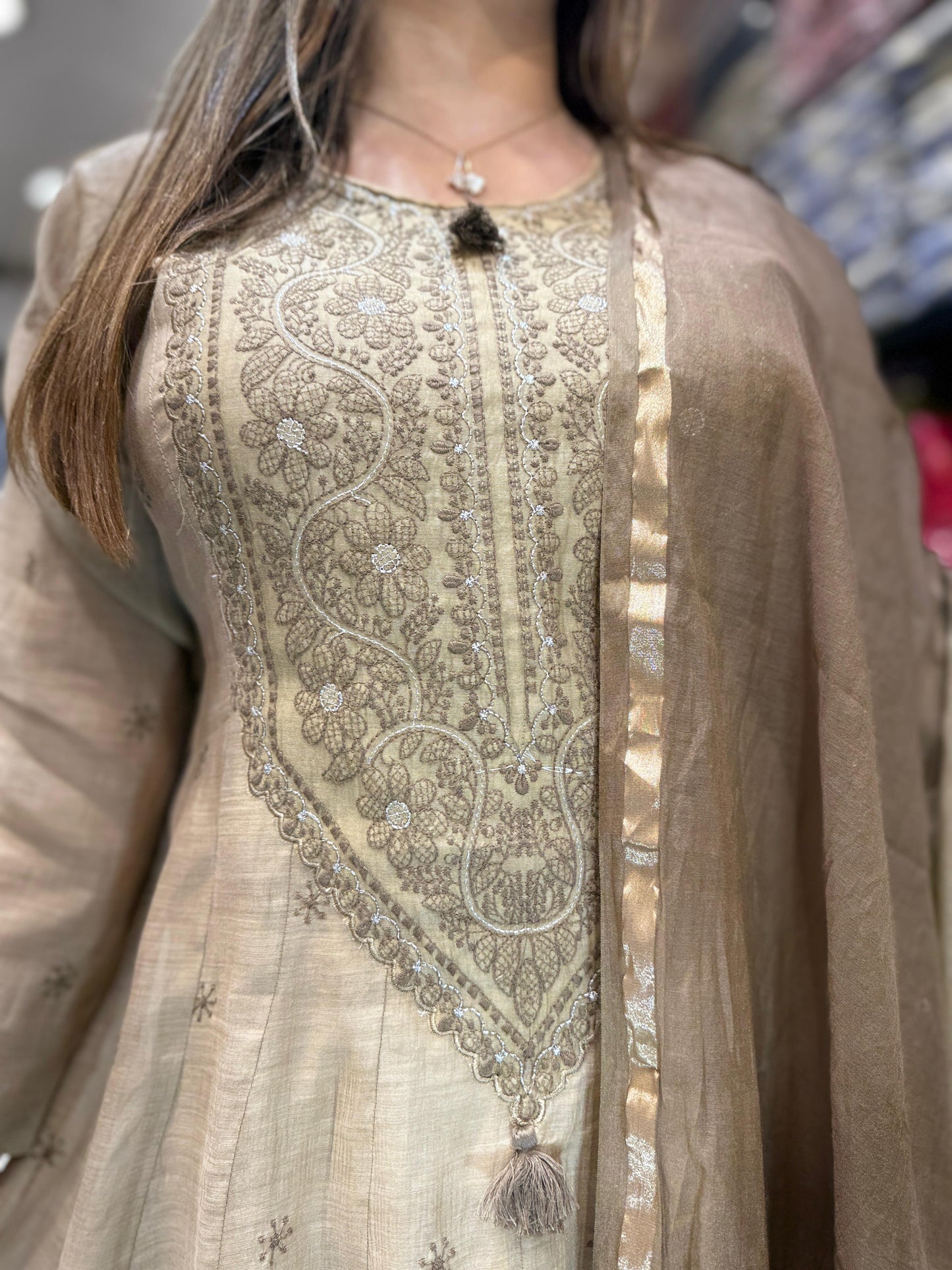 Pure Banaras Mull Chanderi Caramel Shoulder Anarkali 3pc Set