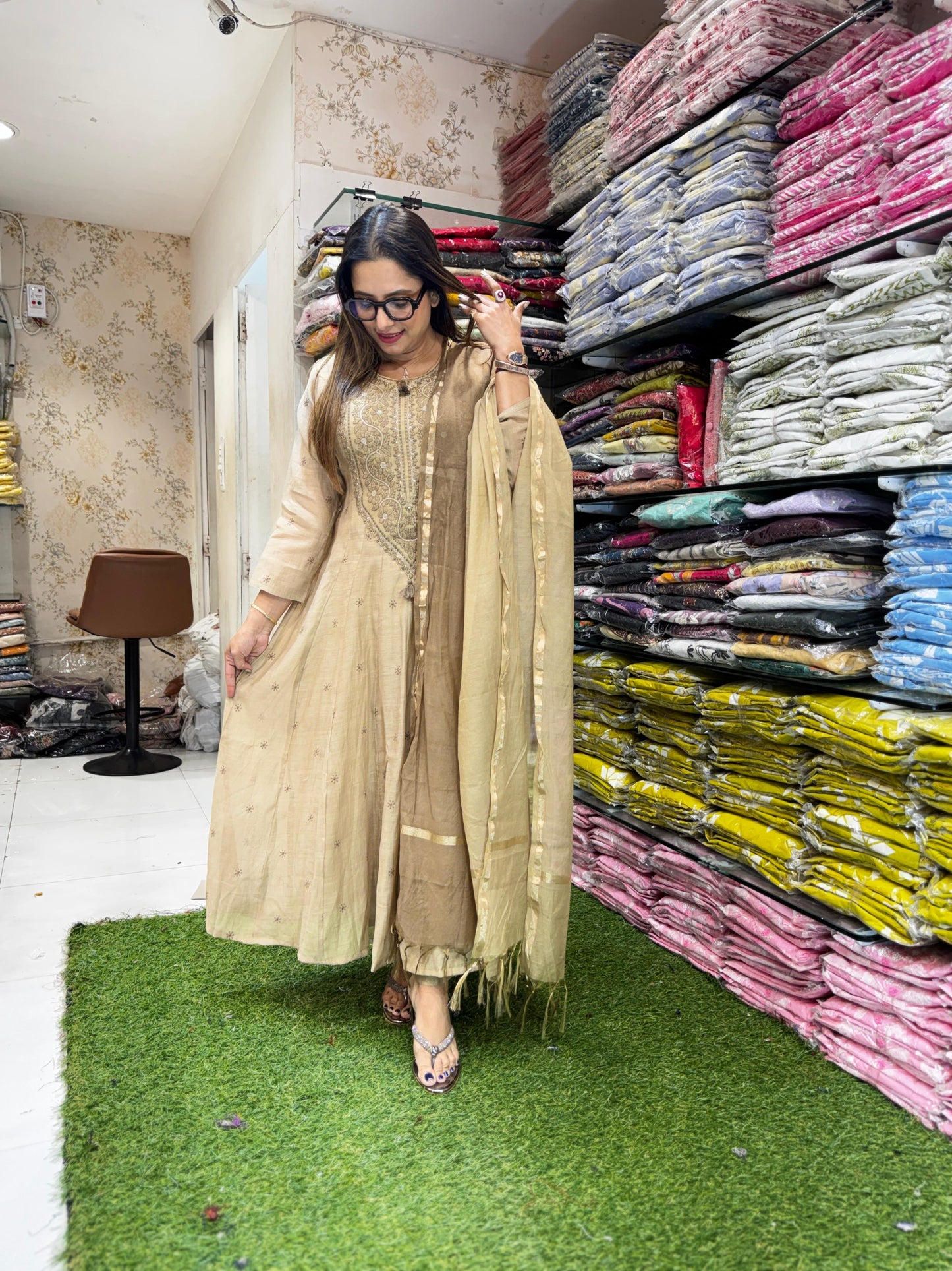 Pure Banaras Mull Chanderi Caramel Shoulder Anarkali 3pc Set