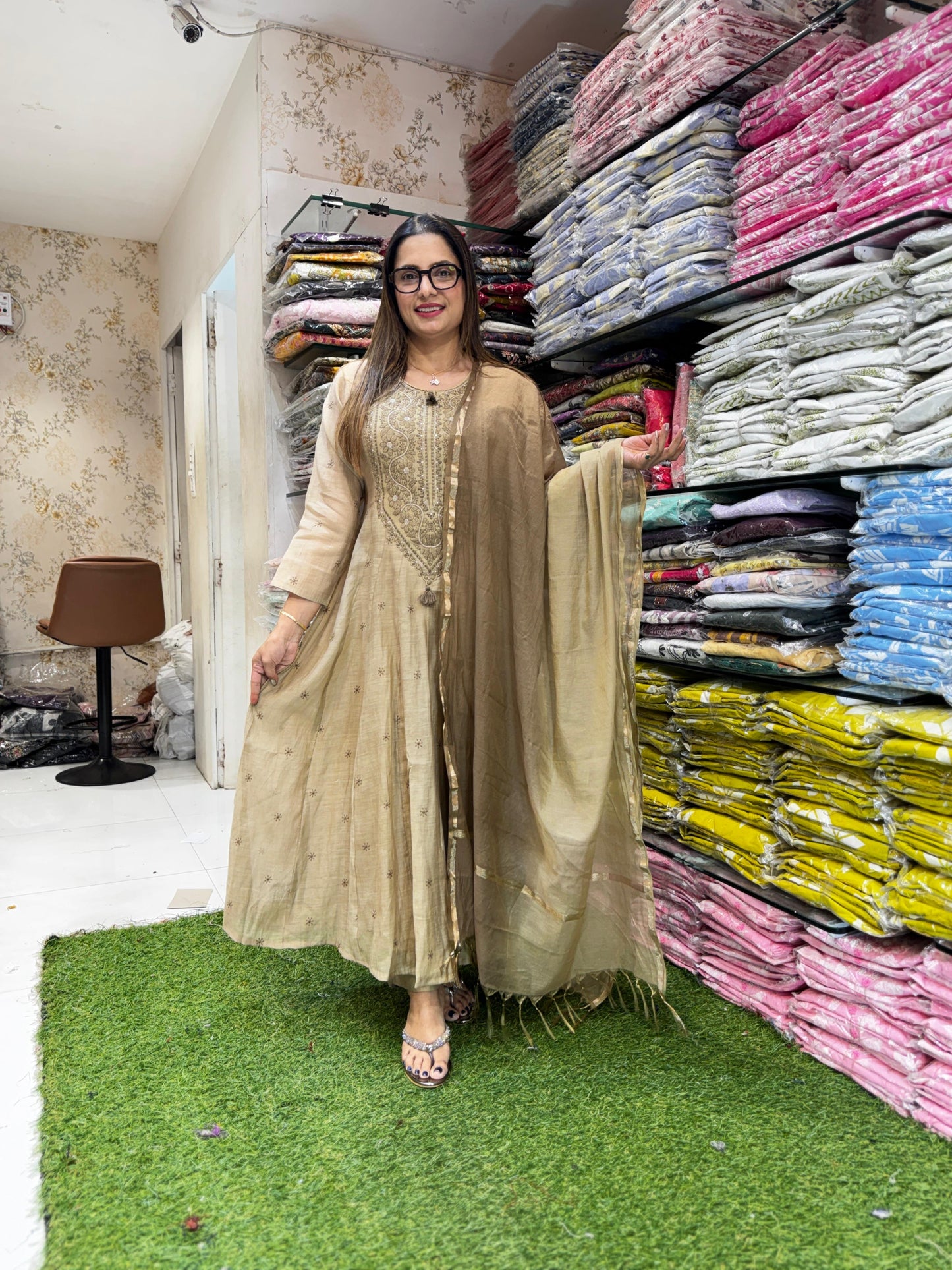 Pure Banaras Mull Chanderi Caramel Shoulder Anarkali 3pc Set