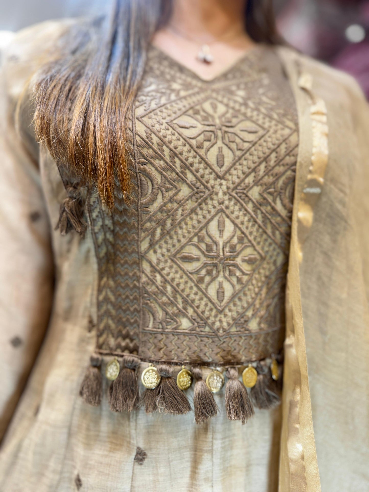 Pure Banaras Mull Chanderi Shoulder Anarkali Beige 3pc Set