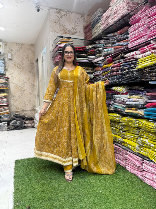 Pure Cotton Ananrkali Yellow 3pc Set