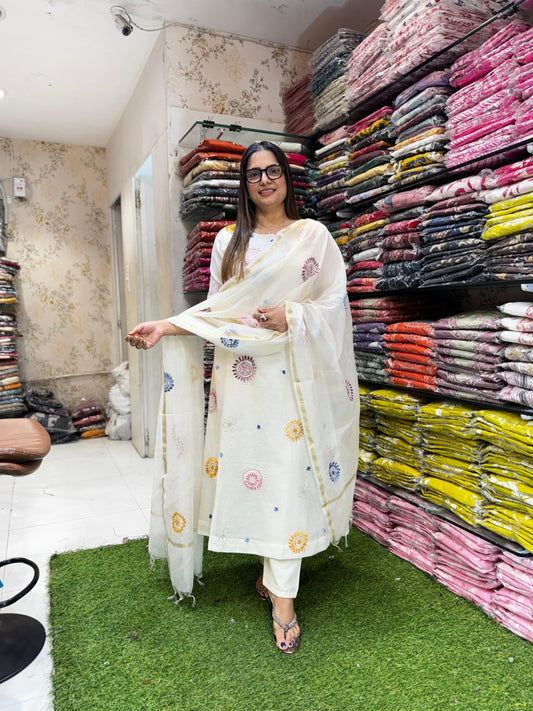 Pure Banaras Mull Chanderi Pearl White 3pc Set