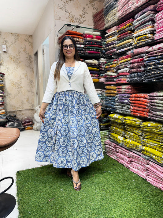 Pure Cotton Off White And Blue Midi