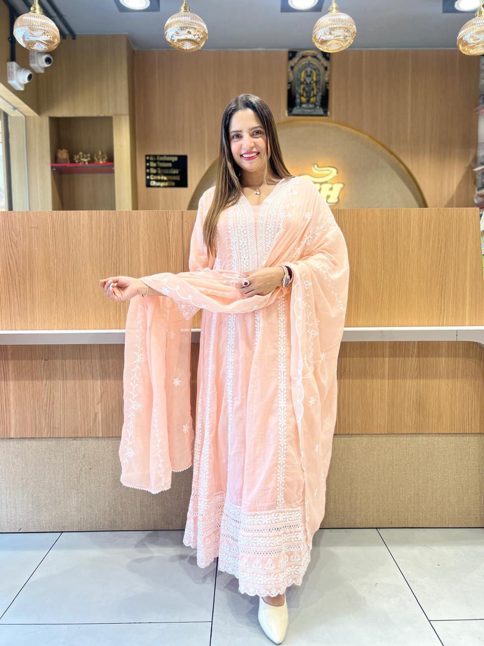 Pure Mull Cotton Peach Shoulder Anarkali 3pc Set