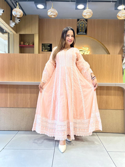 Pure Mull Cotton Peach Shoulder Anarkali 3pc Set