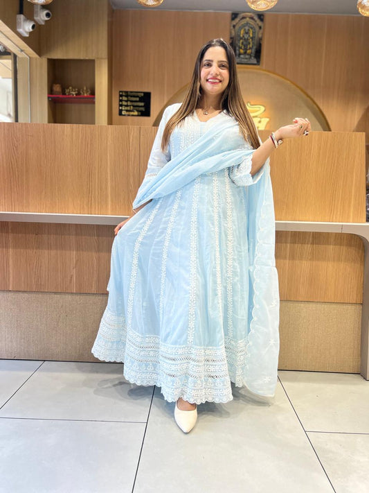 Pure Mull Cotton Sky Blue Shoulder Anarkali 3pc Set