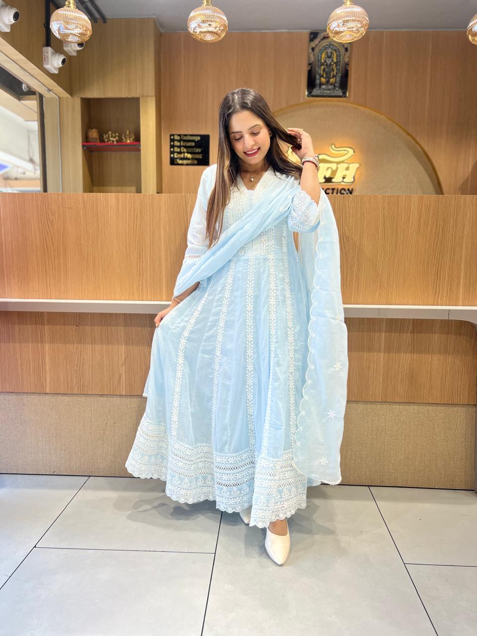 Pure Mull Cotton Sky Blue Shoulder Anarkali 3pc Set