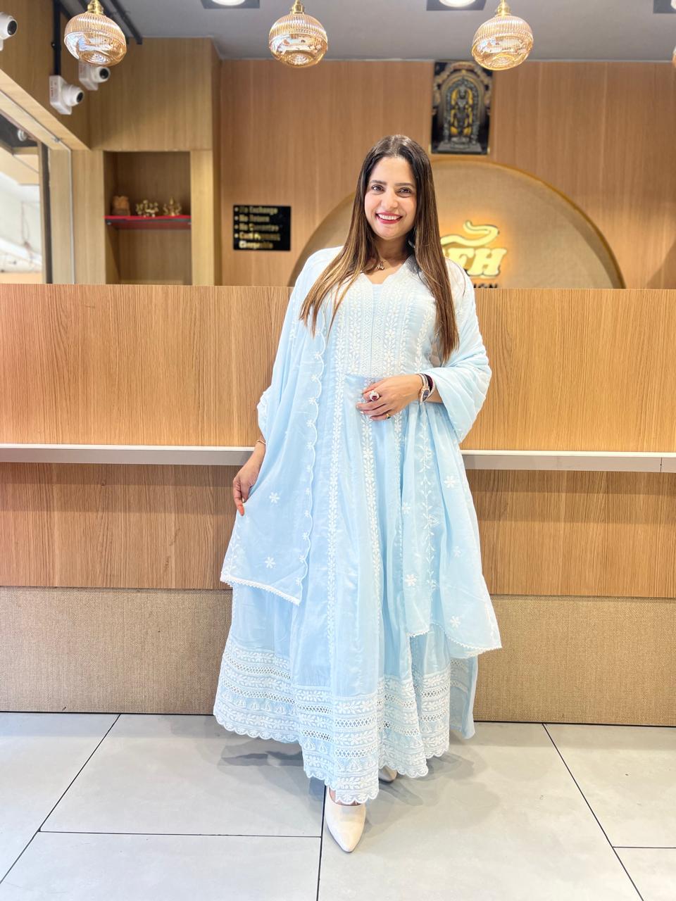 Pure Mull Cotton Sky Blue Shoulder Anarkali 3pc Set