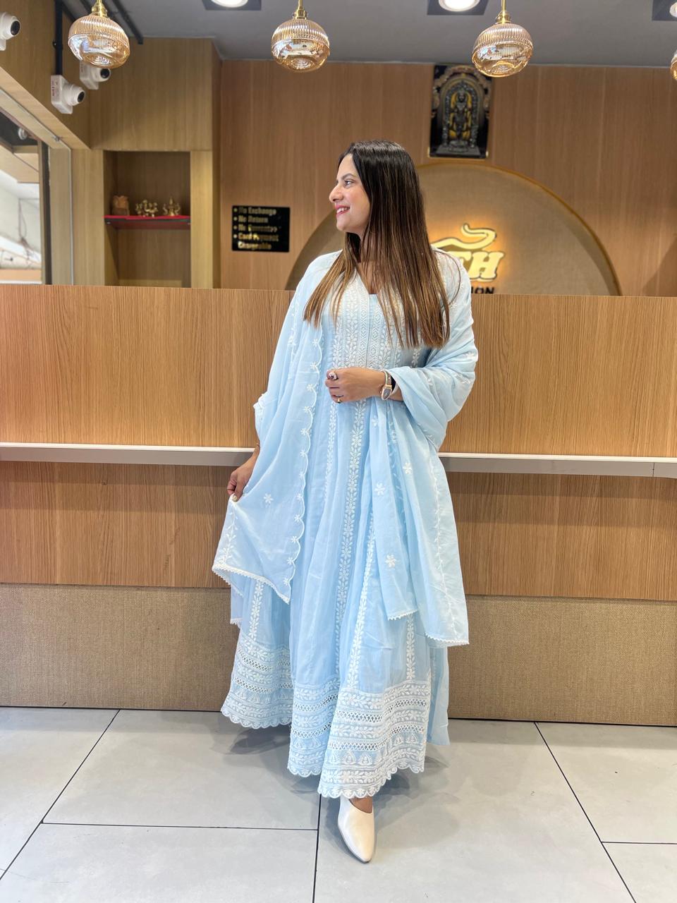 Pure Mull Cotton Sky Blue Shoulder Anarkali 3pc Set