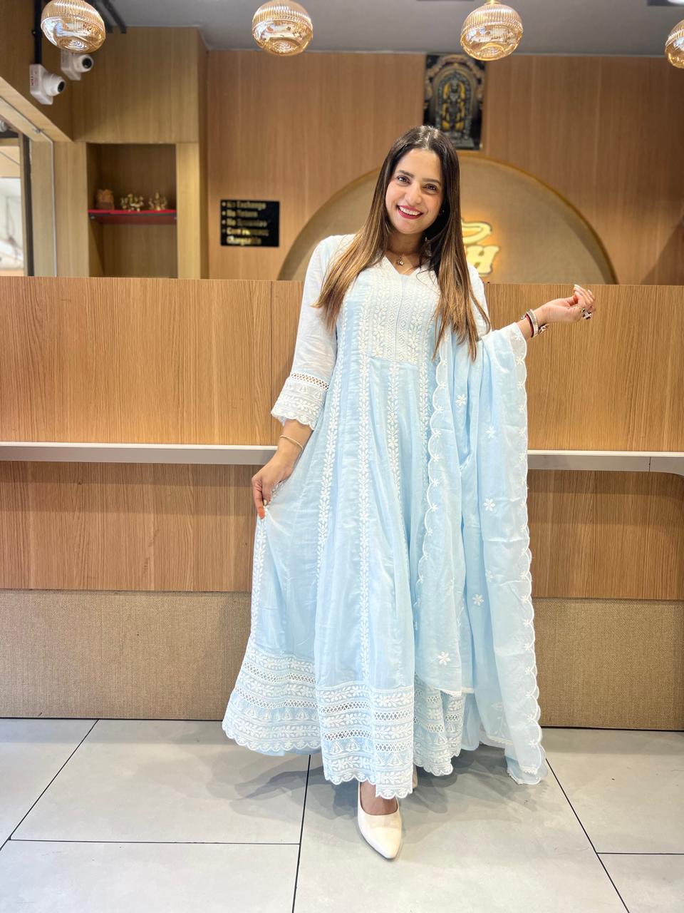 Pure Mull Cotton Sky Blue Shoulder Anarkali 3pc Set