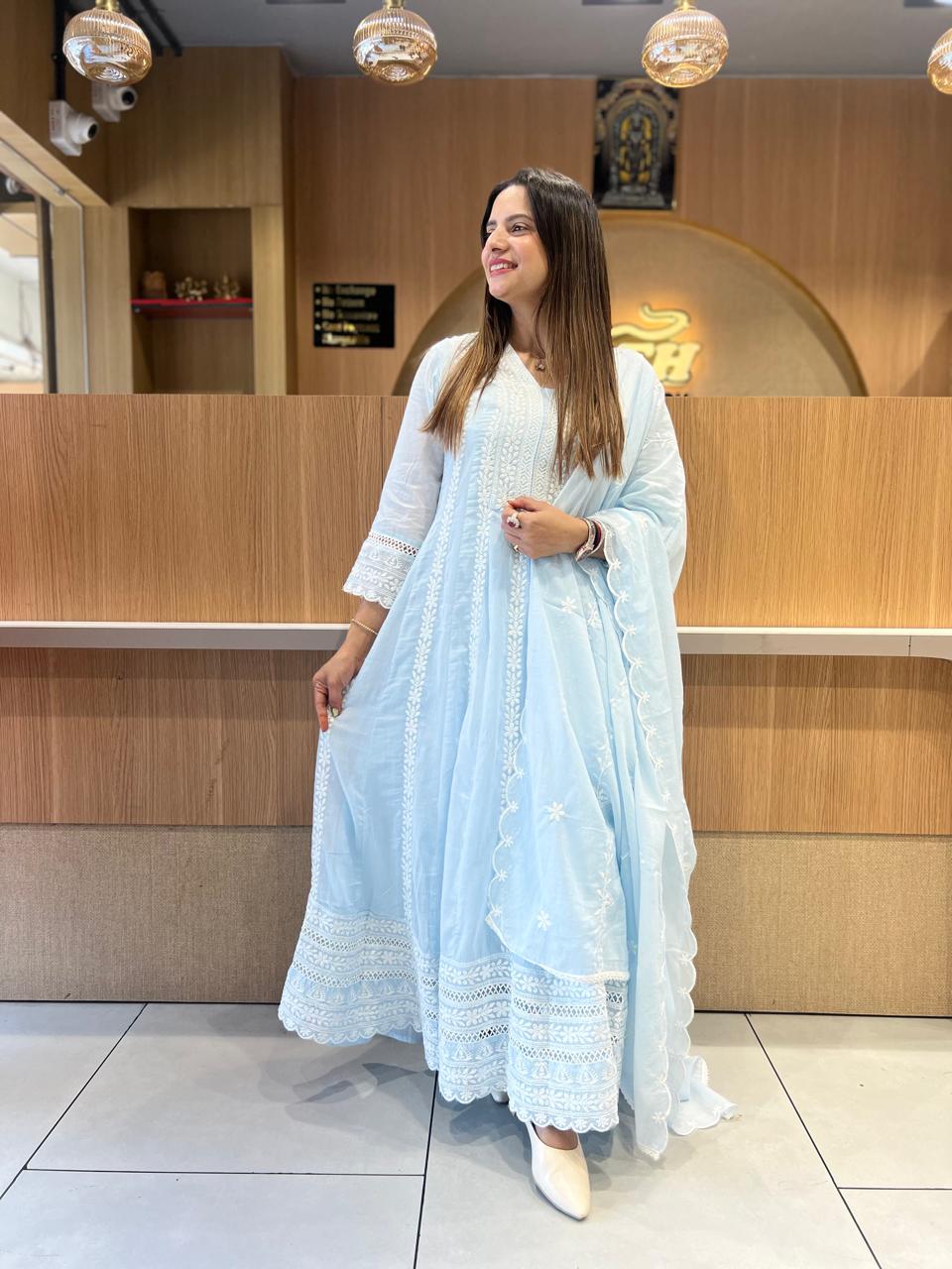 Pure Mull Cotton Sky Blue Shoulder Anarkali 3pc Set