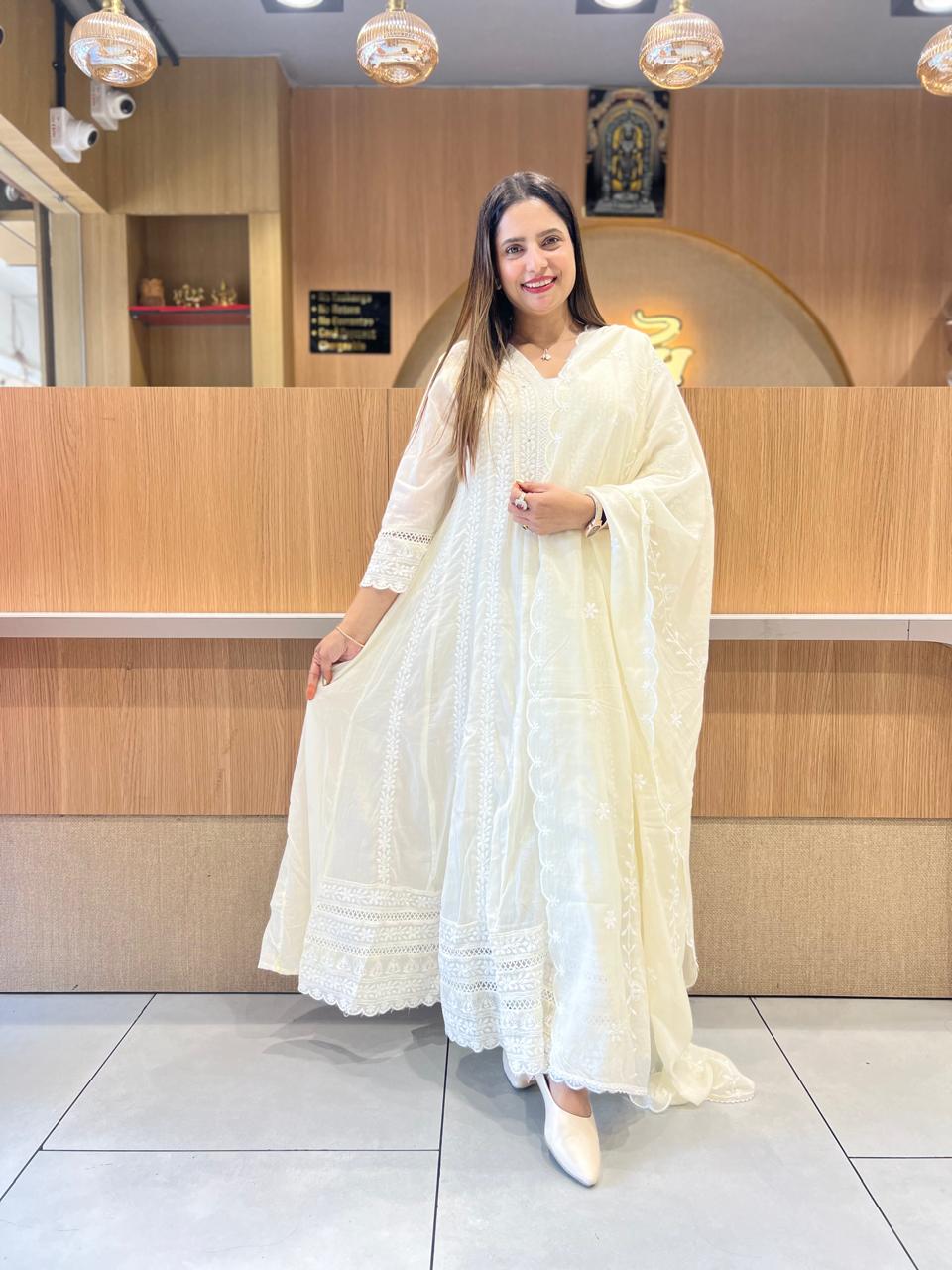 Pure Mull Cotton Off White Shoulder Anarkali 3pc Set