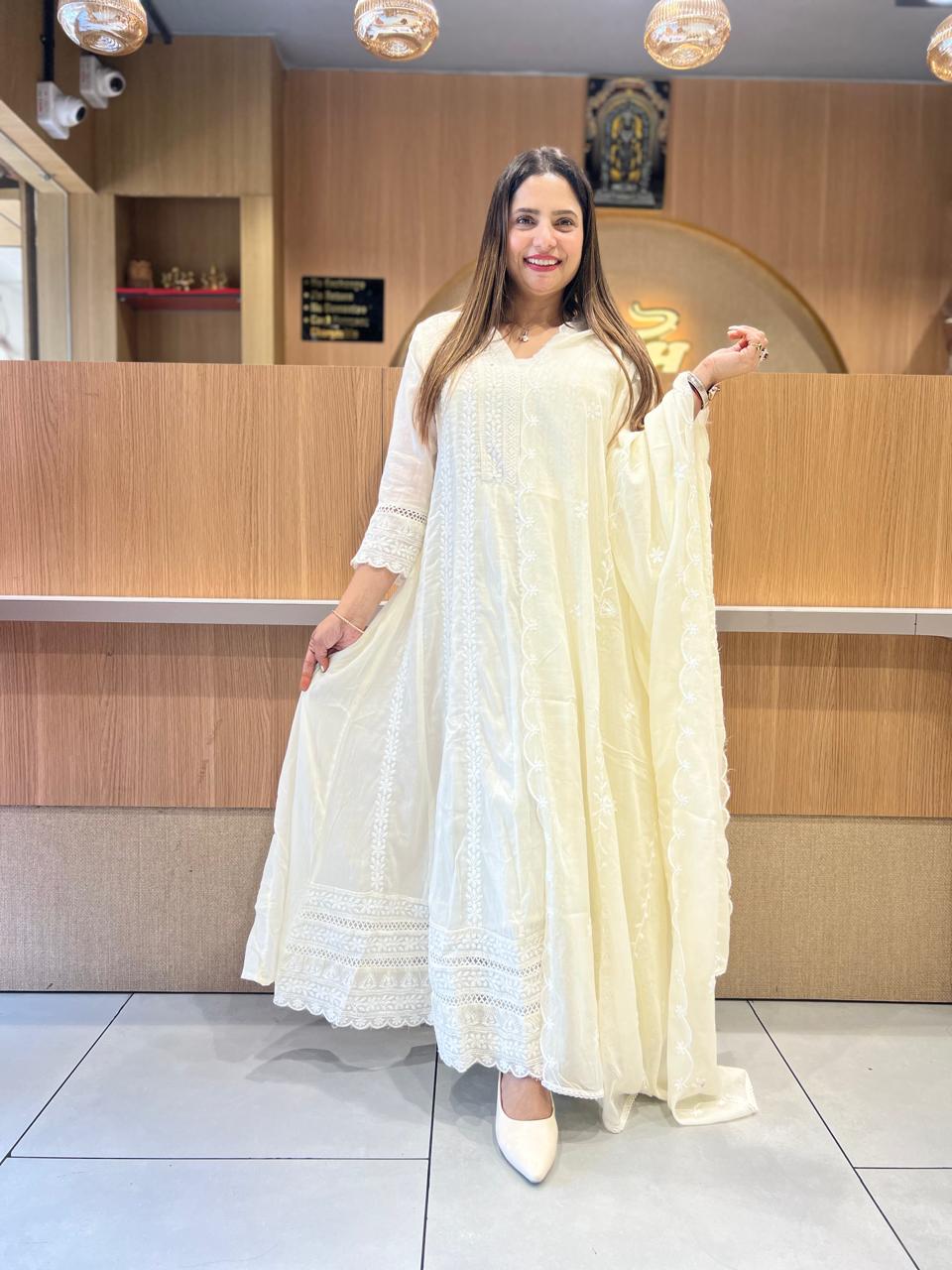 Pure Mull Cotton Off White Shoulder Anarkali 3pc Set