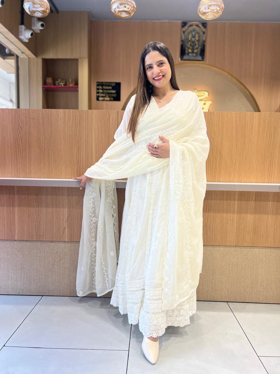 Pure Mull Cotton Off White Shoulder Anarkali 3pc Set