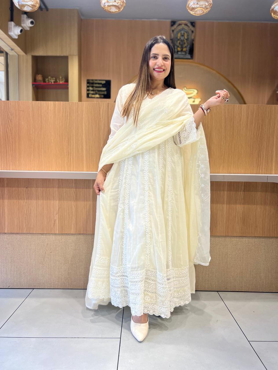Pure Mull Cotton Off White Shoulder Anarkali 3pc Set