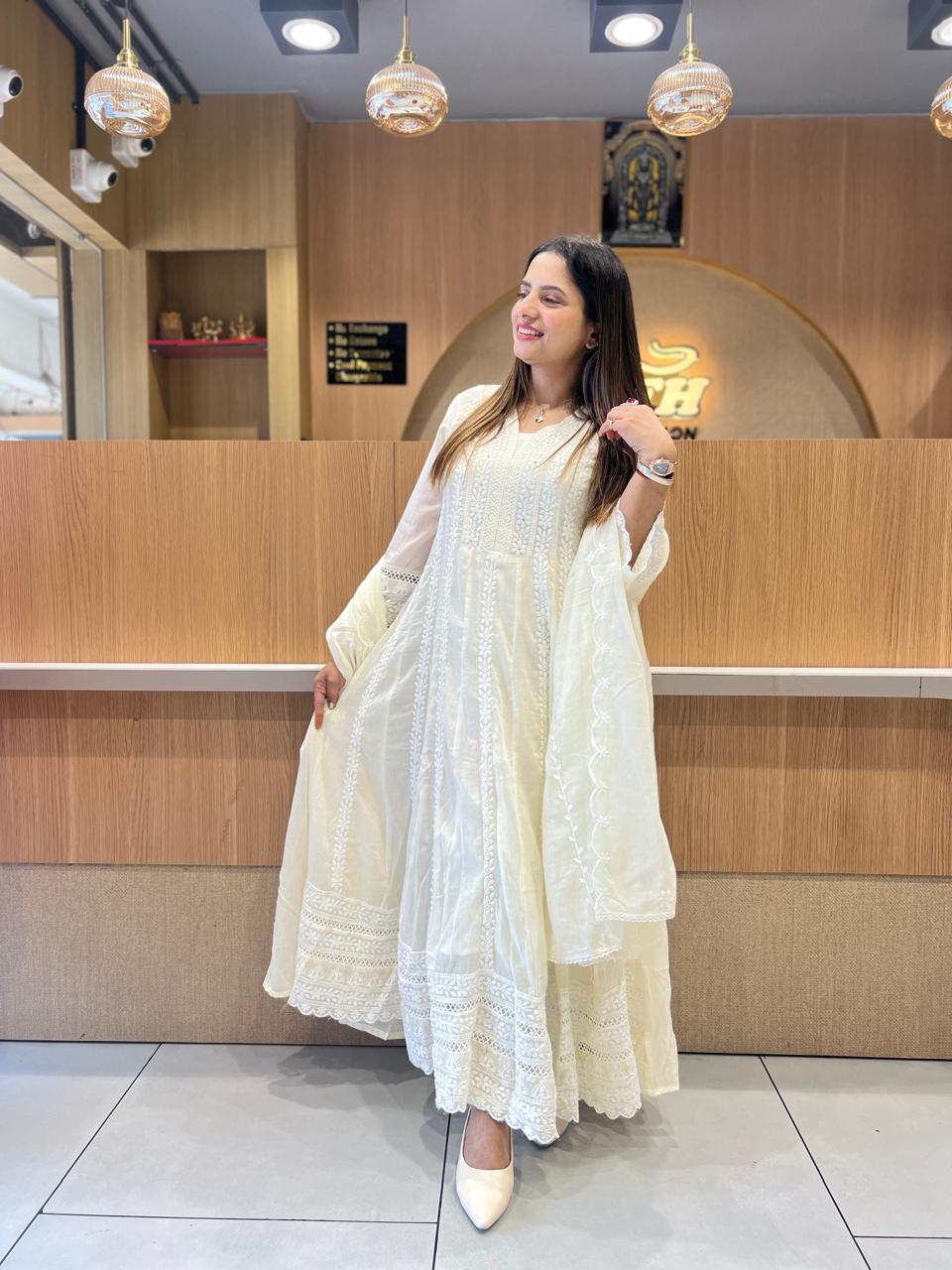 Pure Mull Cotton Off White Shoulder Anarkali 3pc Set