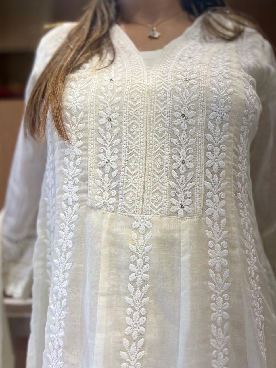 Pure Mull Cotton Off White Shoulder Anarkali 3pc Set