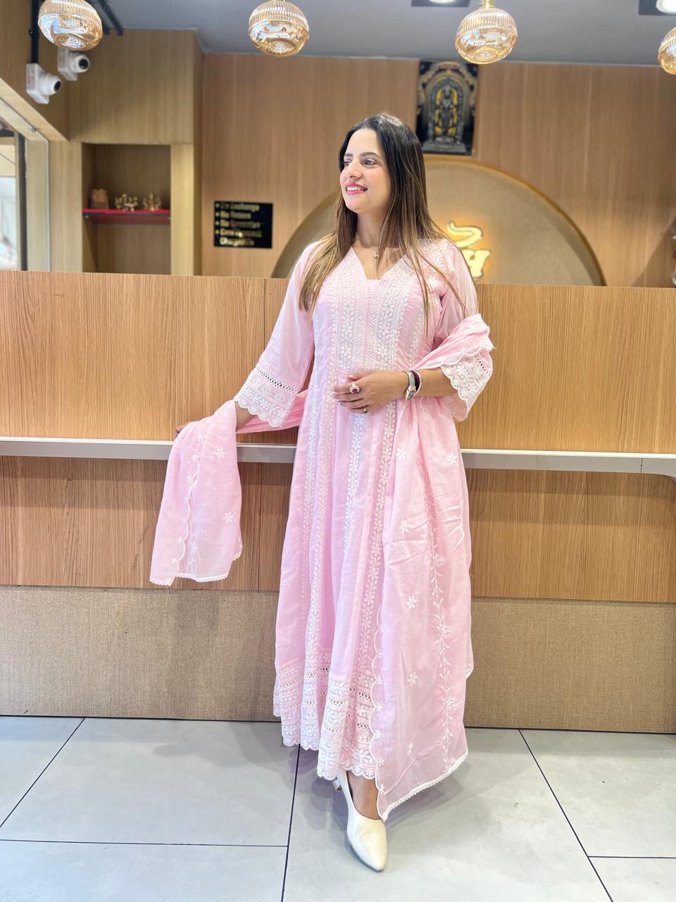 Pure Mull Cotton Pink Shoulder Anarkali 3pc Set