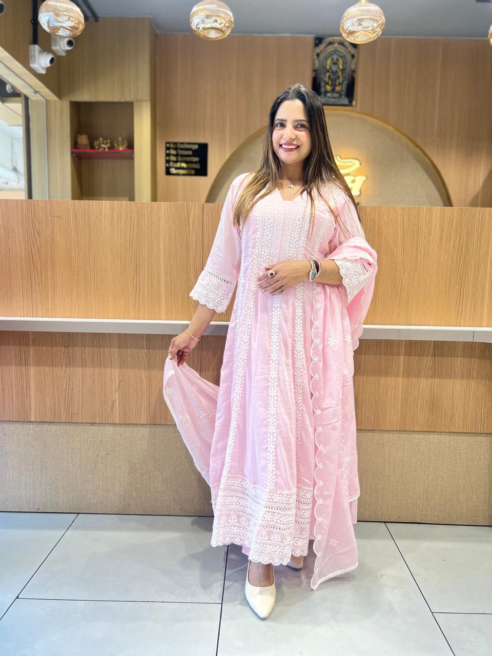 Pure Mull Cotton Pink Shoulder Anarkali 3pc Set