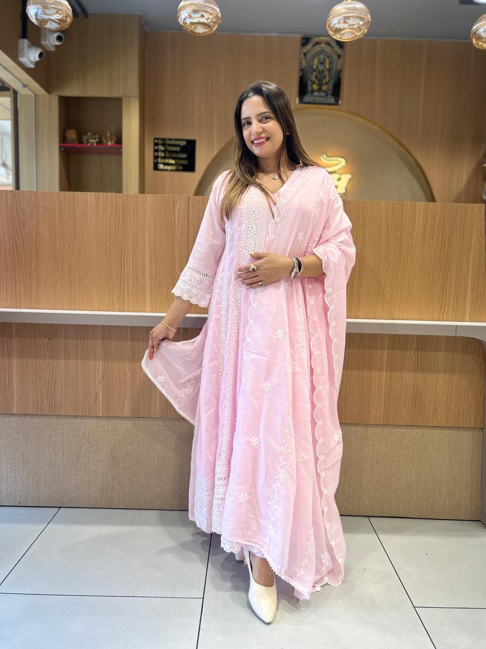 Pure Mull Cotton Pink Shoulder Anarkali 3pc Set