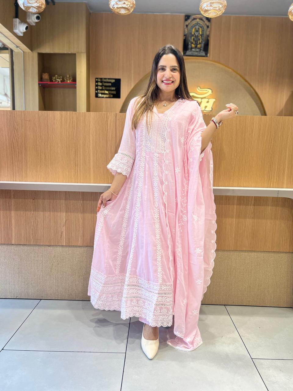 Pure Mull Cotton Pink Shoulder Anarkali 3pc Set