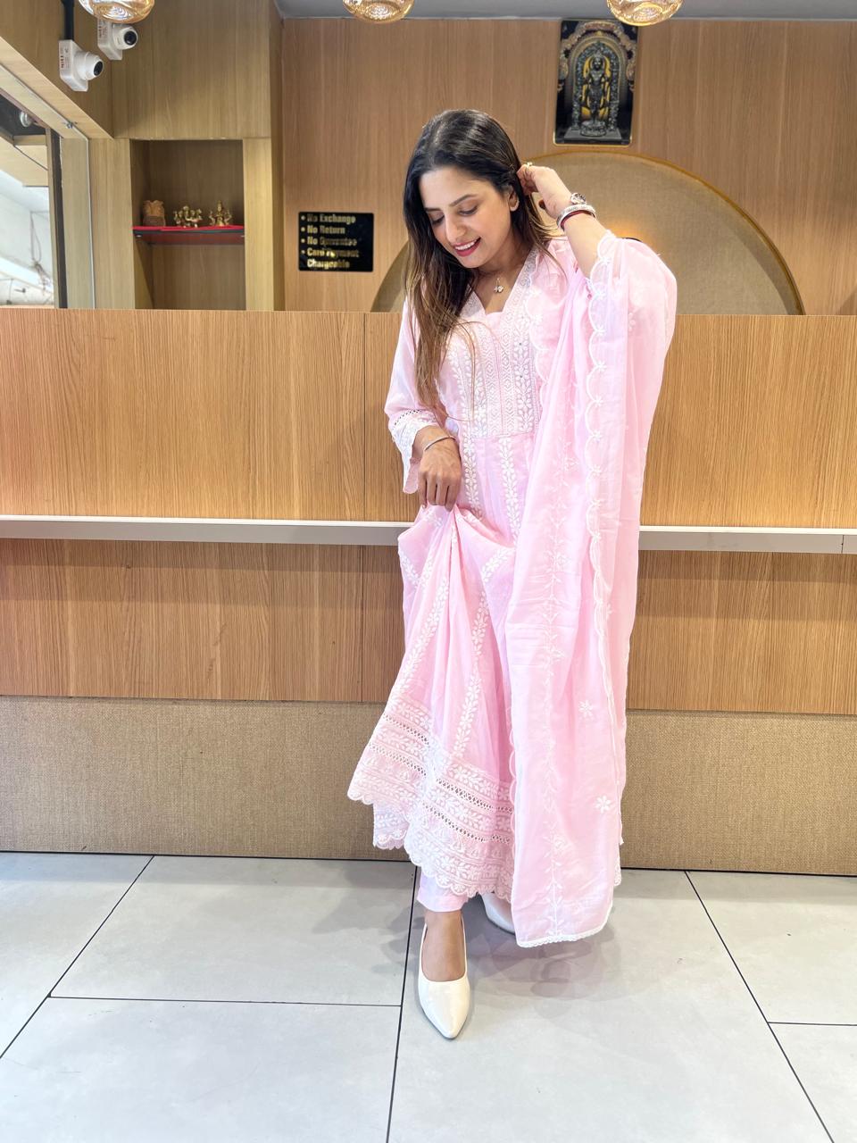 Pure Mull Cotton Pink Shoulder Anarkali 3pc Set