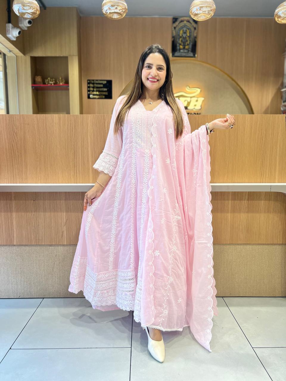 Pure Mull Cotton Pink Shoulder Anarkali 3pc Set
