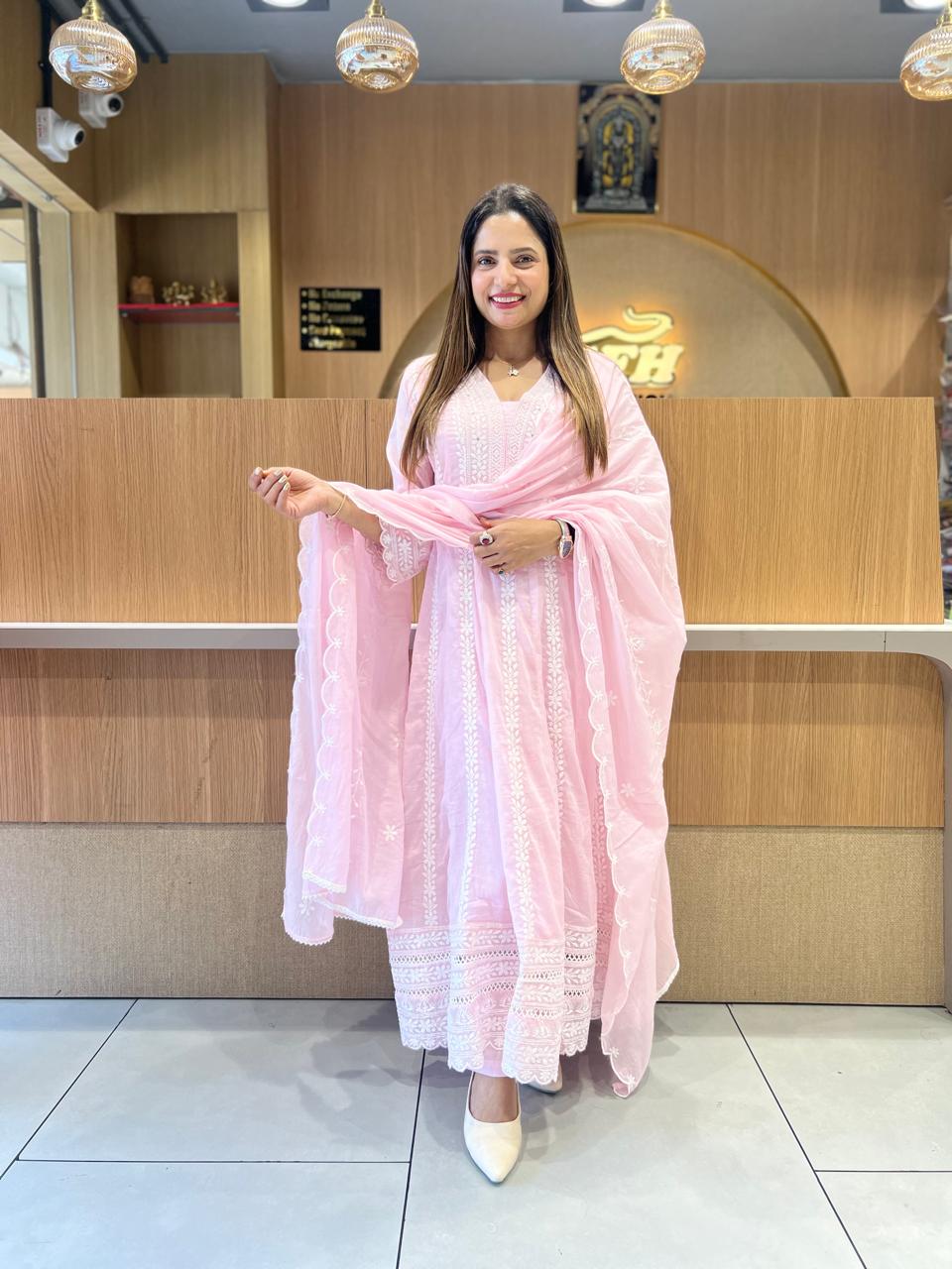 Pure Mull Cotton Pink Shoulder Anarkali 3pc Set